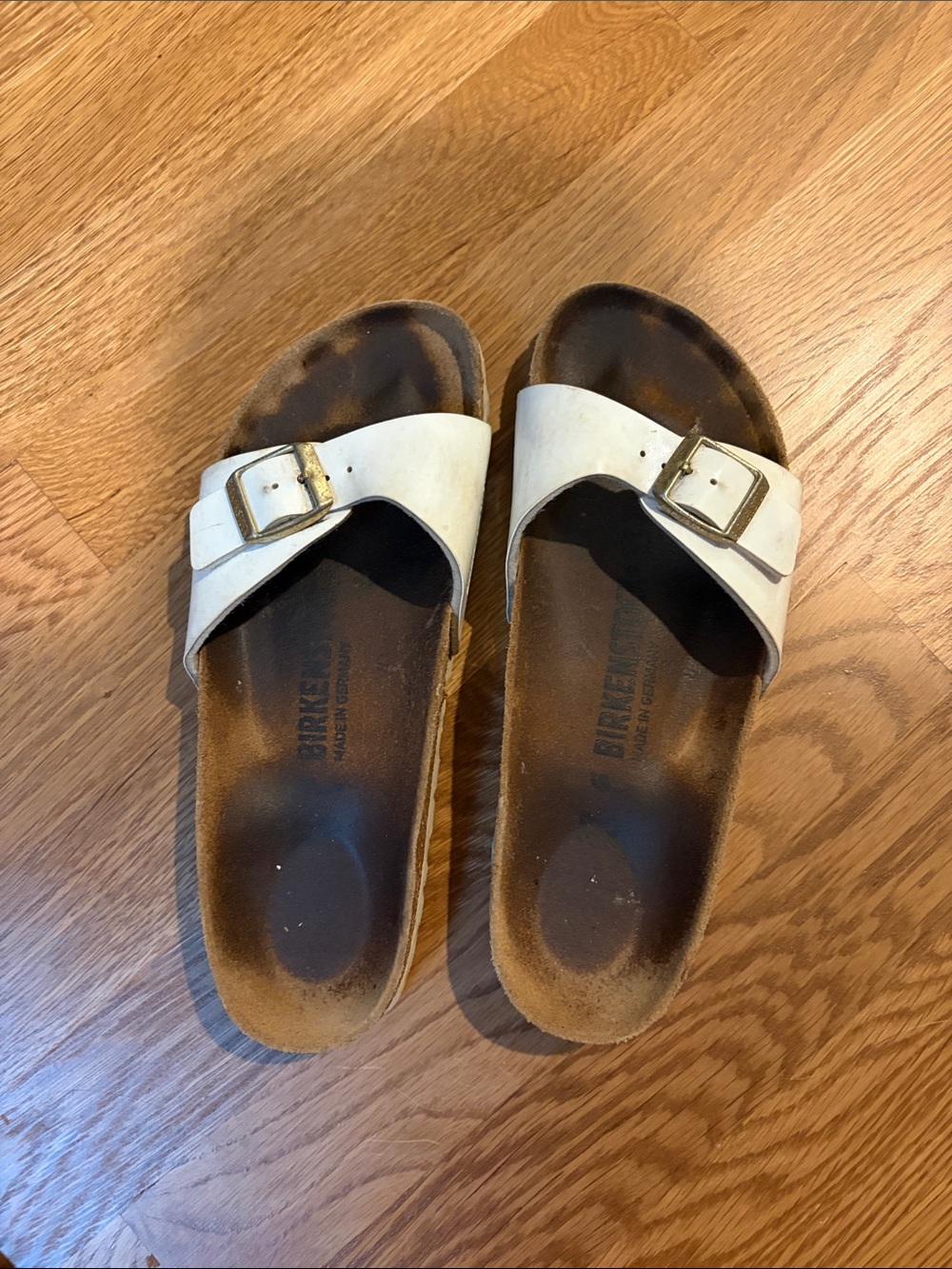 Birkenstock White Single-Strap Slide Sandals with Buckle - Women's